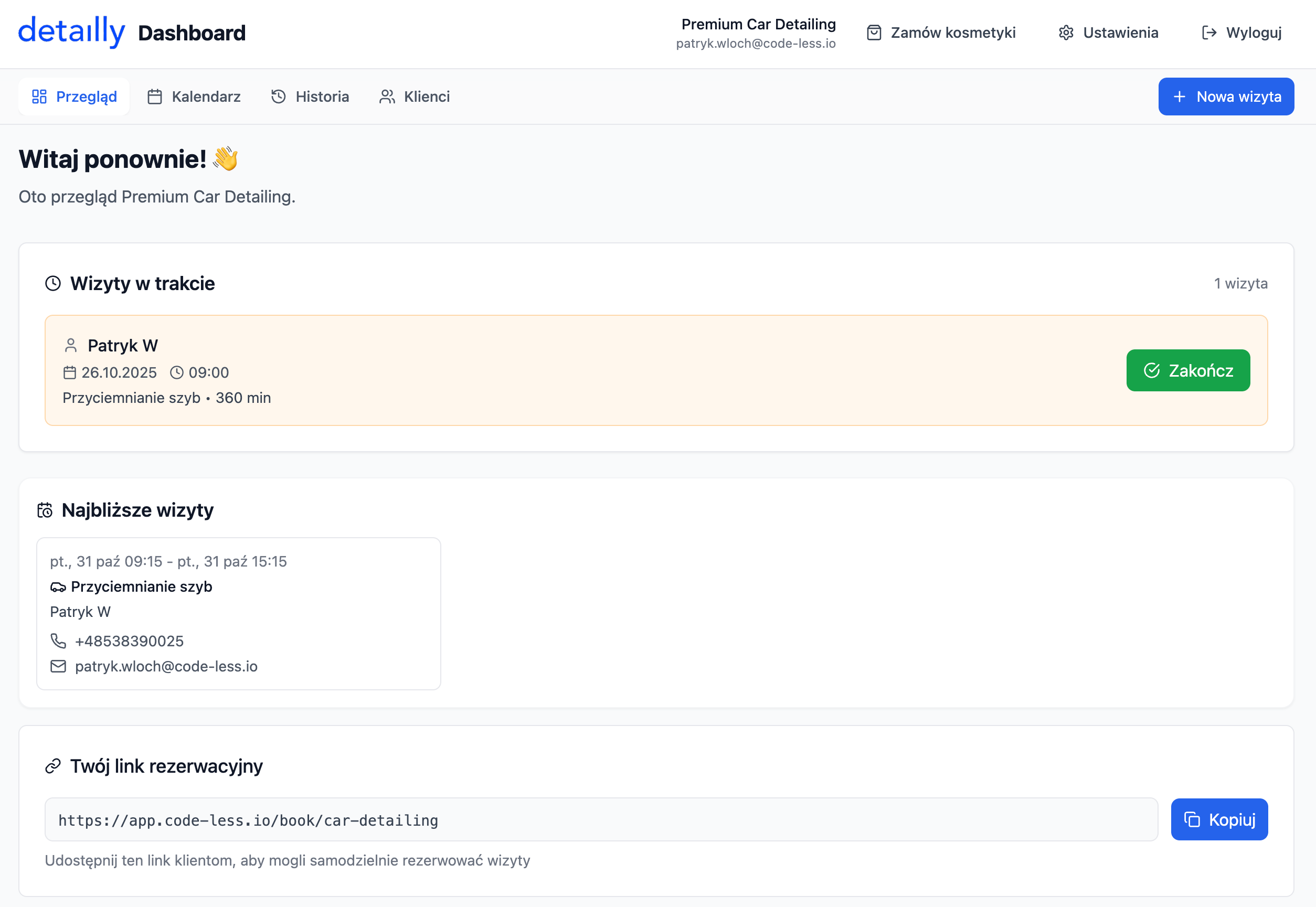 Dzisiejsze wizyty, nadchodzące, przychody miesiąca - wszystko na jednym ekranie w 3 sekundy